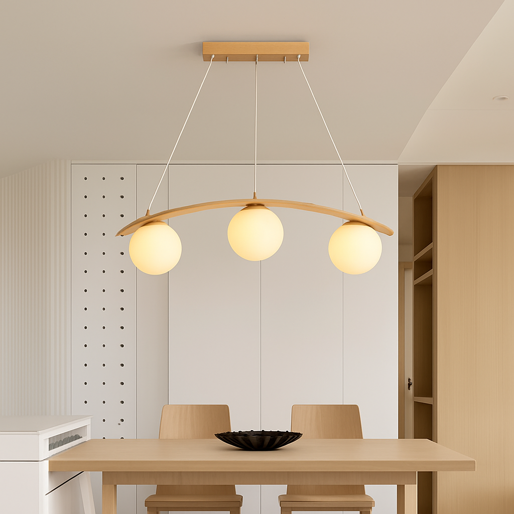 suspension en bois moderne avec boule de verre et éclairage led