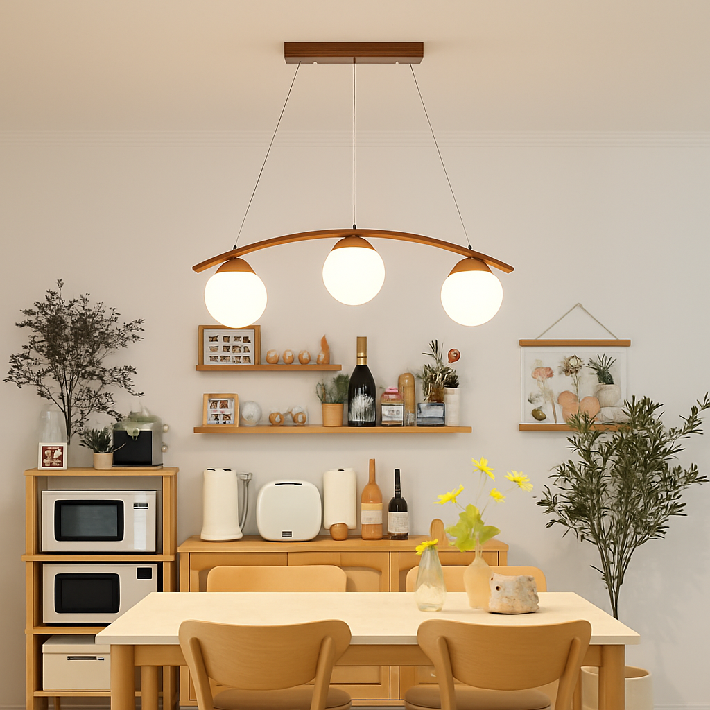 suspension en bois moderne avec boule de verre et éclairage led