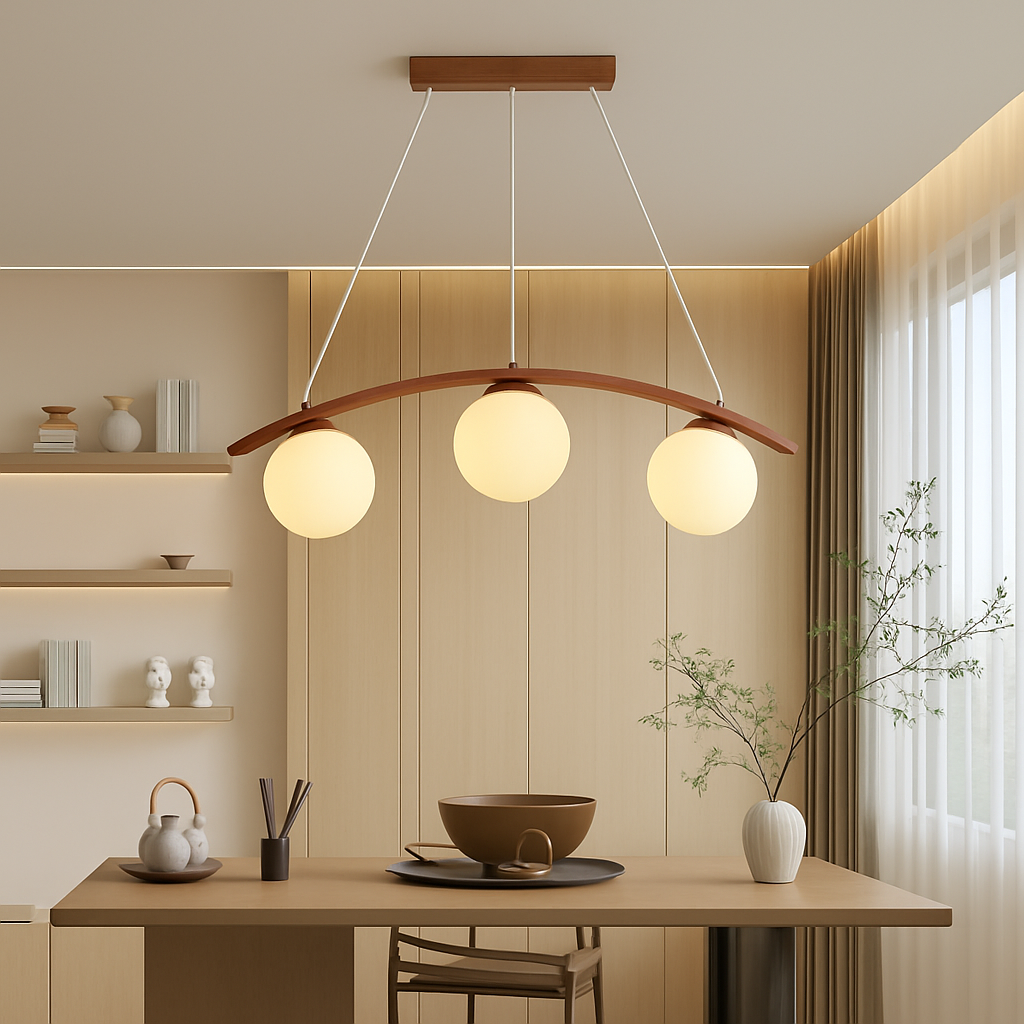 suspension en bois moderne avec boule de verre et éclairage led