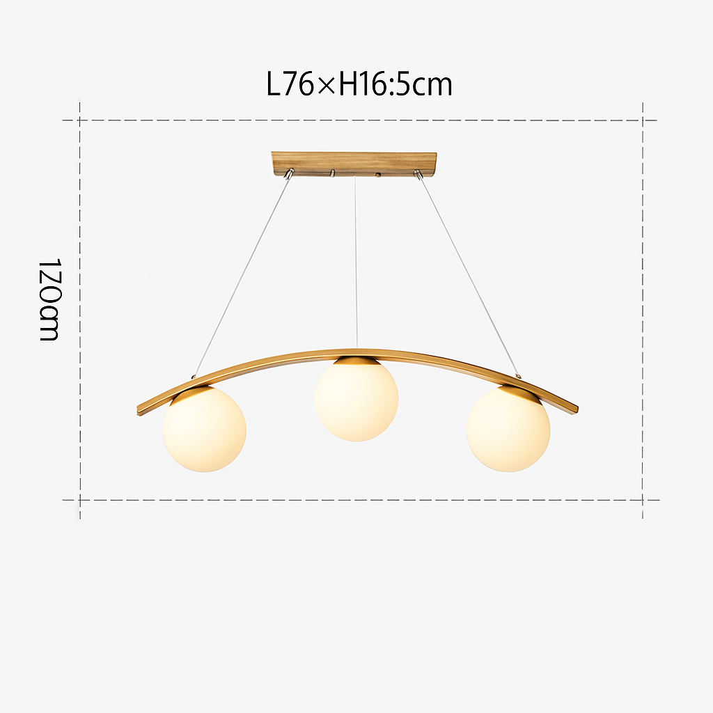suspension en bois moderne avec boule de verre et éclairage led