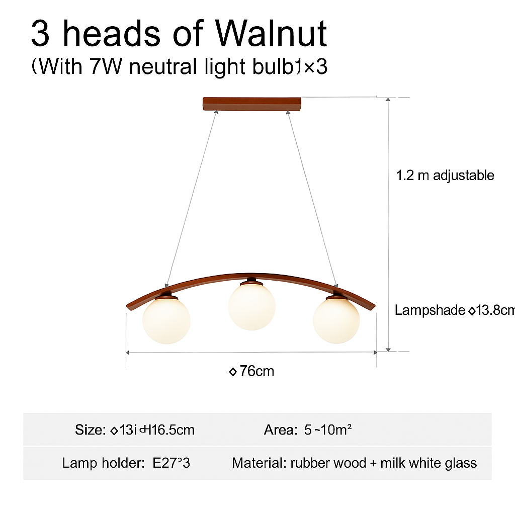 suspension en bois moderne avec boule de verre et éclairage led