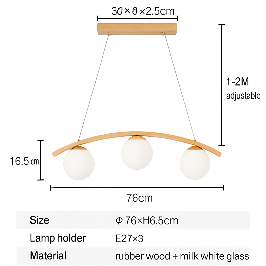 suspension en bois moderne avec boule de verre et éclairage led