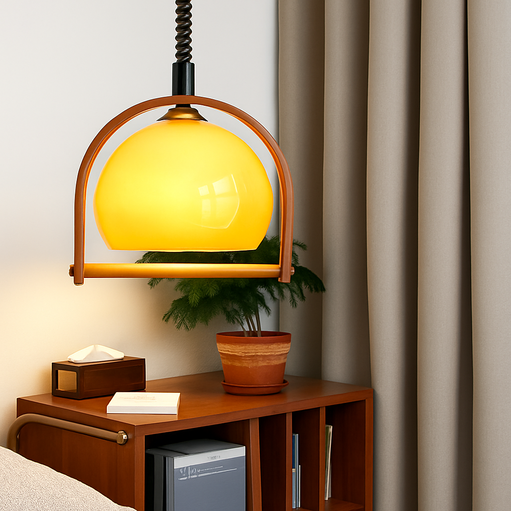 suspension en verre et bois foncé réglable en hauteur 	 style