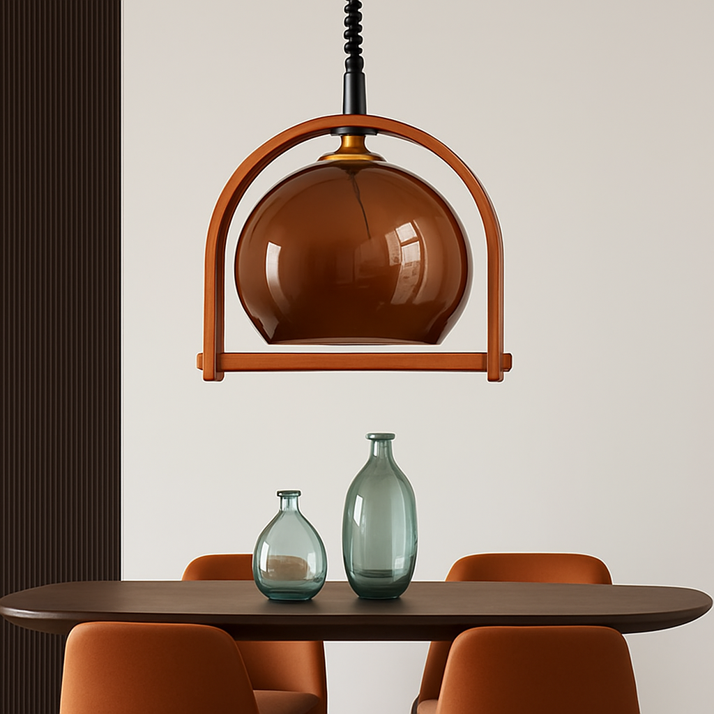 suspension en verre et bois foncé réglable en hauteur 	 style