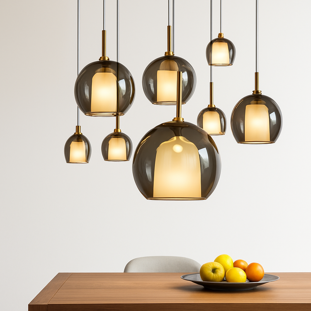 Suspension en verre LED pour cuisine île salon gris intérieur décor