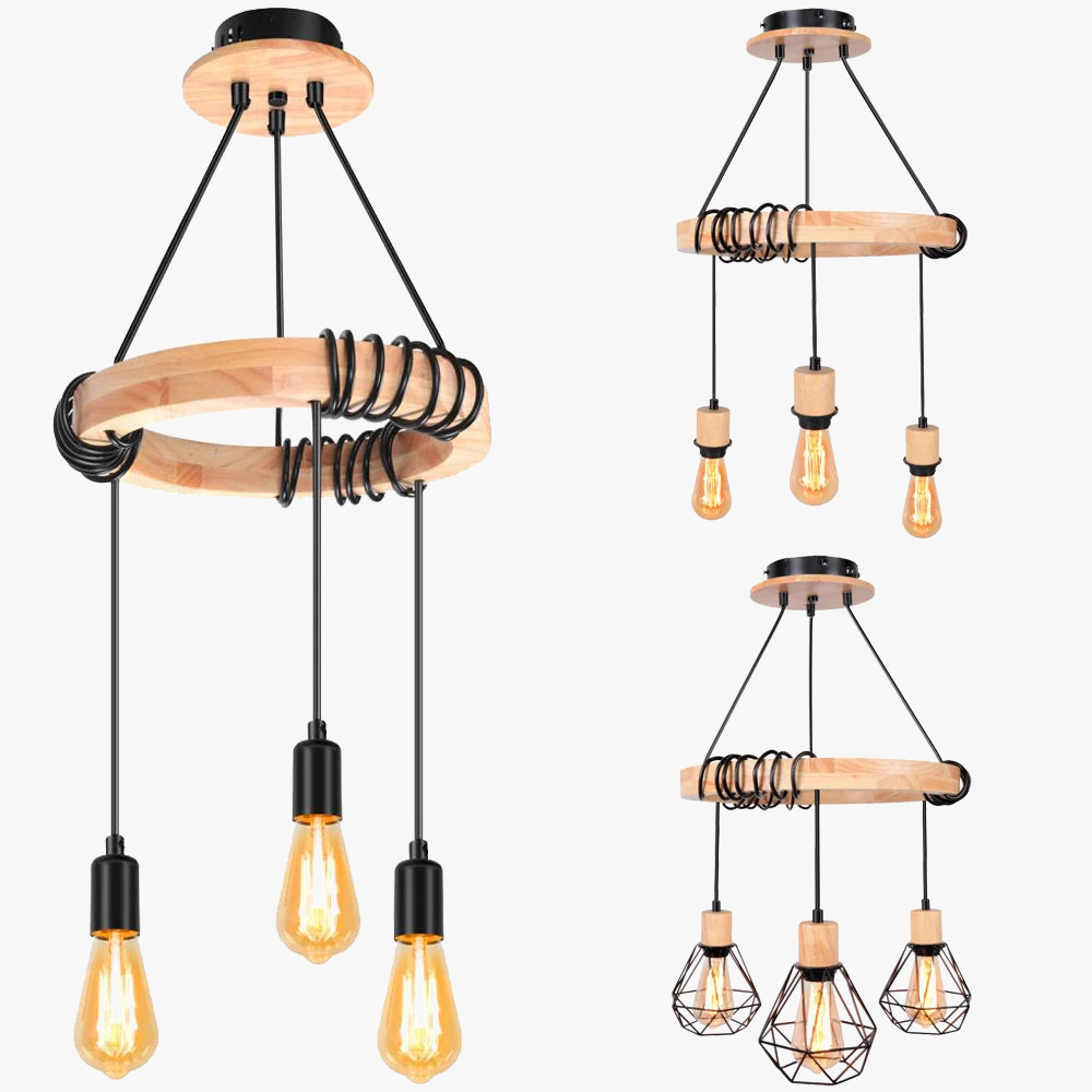 suspension industrielle nordique en bois style rétro à trois têtes