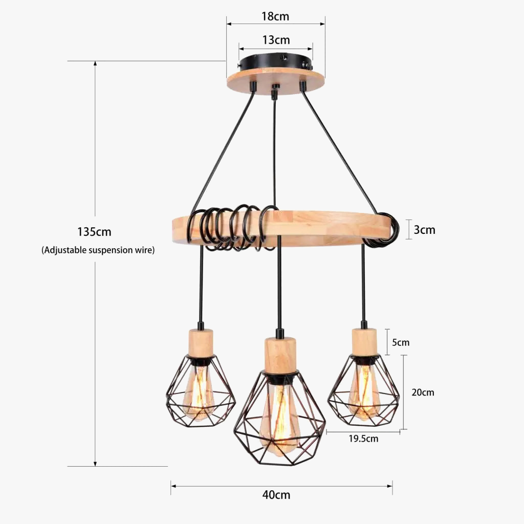 suspension industrielle nordique en bois style rétro à trois têtes