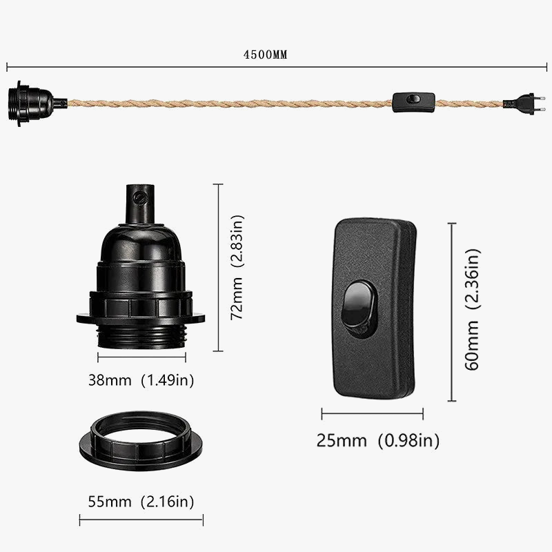 suspension industrielle rétro avec interrupteur et corde de chanvre