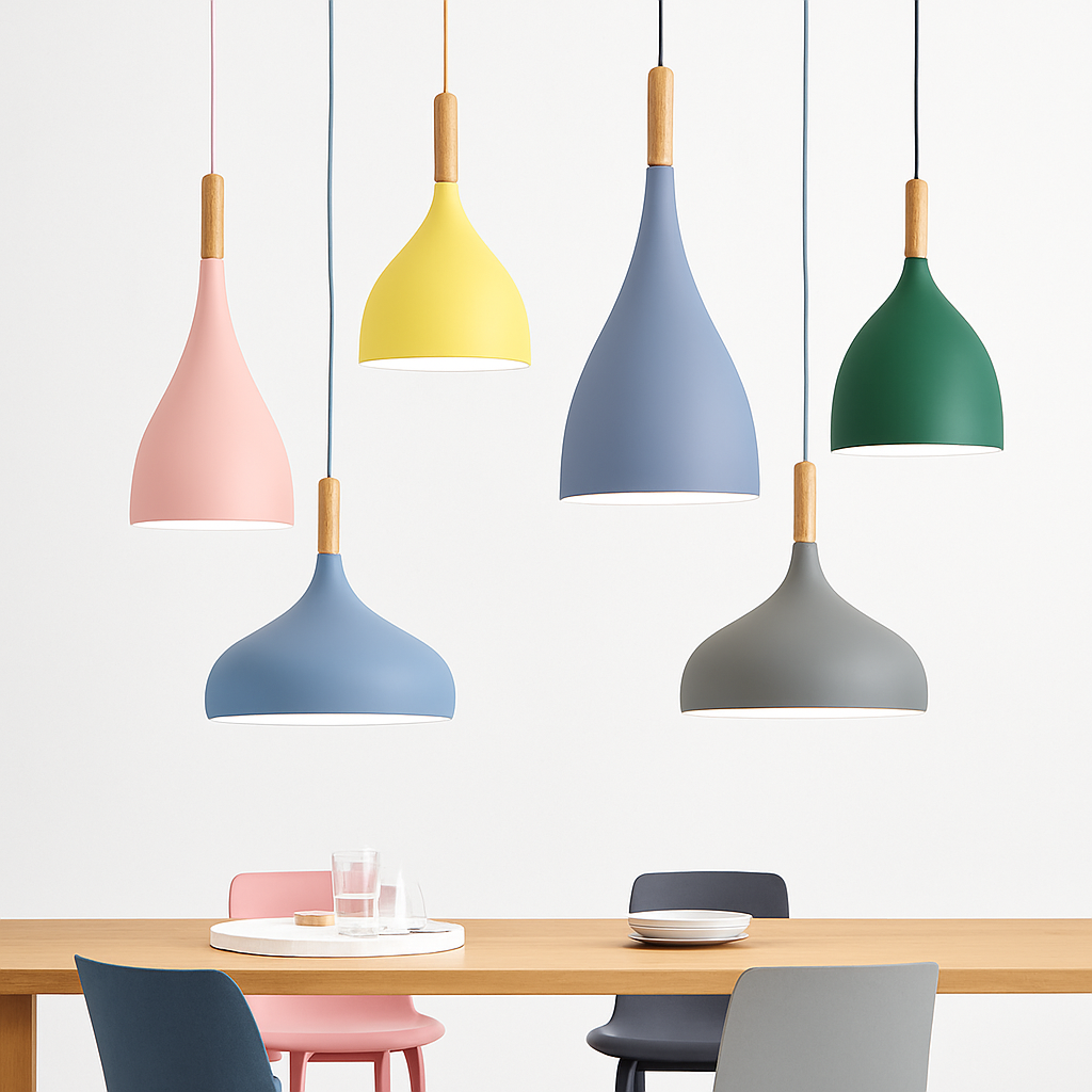 Suspension LED en métal coloré et baton en bois Nordic