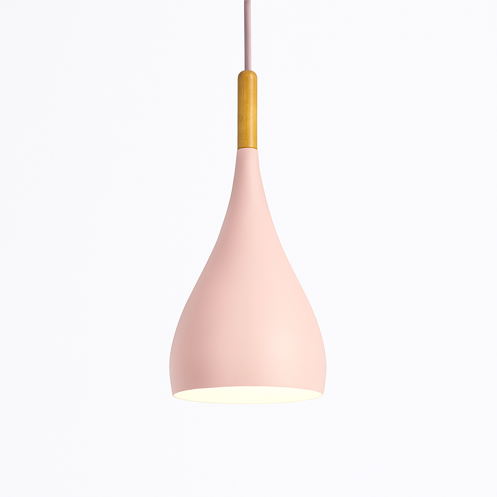 Suspension LED en métal coloré et baton en bois Nordic