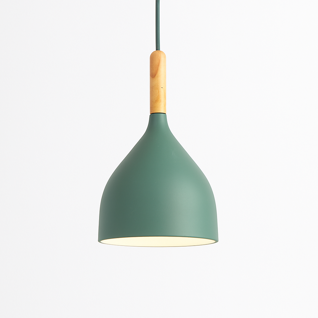 Suspension LED en métal coloré et baton en bois Nordic