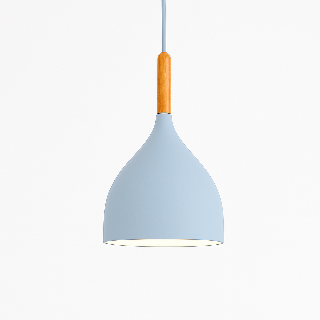 Suspension LED en métal coloré et baton en bois Nordic
