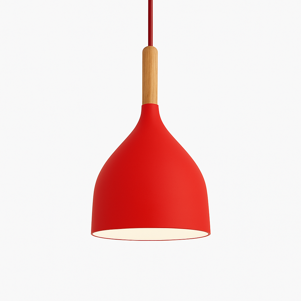 Suspension LED en métal coloré et baton en bois Nordic