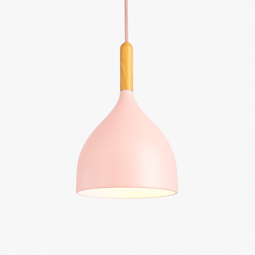 Suspension LED en métal coloré et baton en bois Nordic