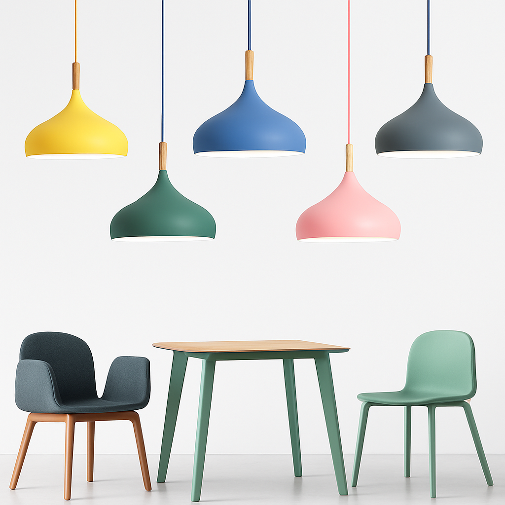 Suspension LED en métal coloré et baton en bois Nordic