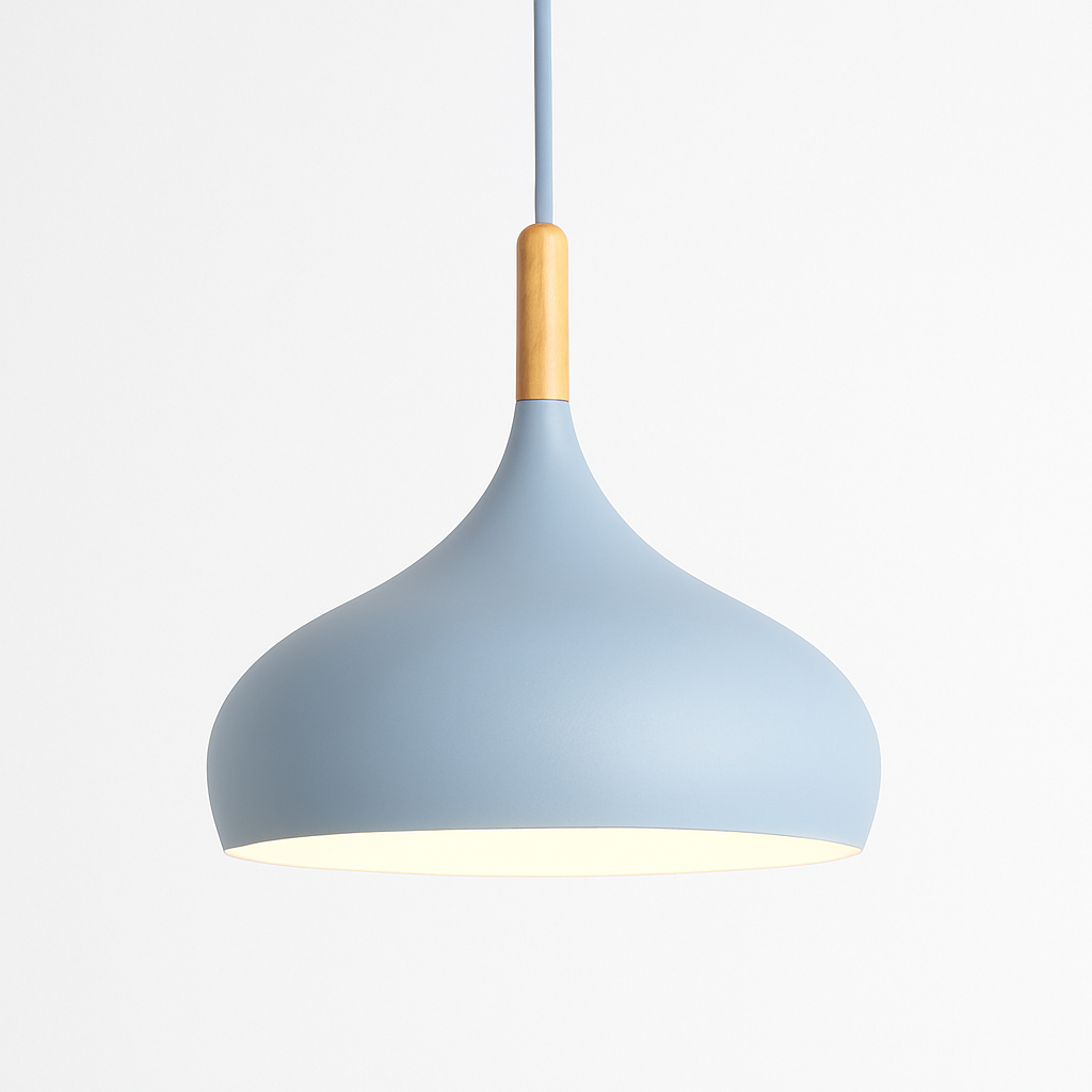 Suspension LED en métal coloré et baton en bois Nordic