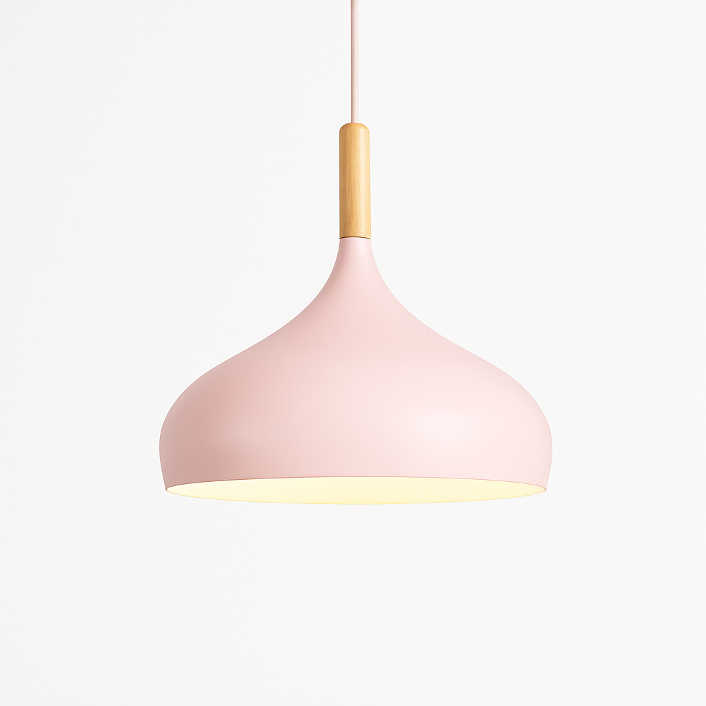 Suspension LED en métal coloré et baton en bois Nordic
