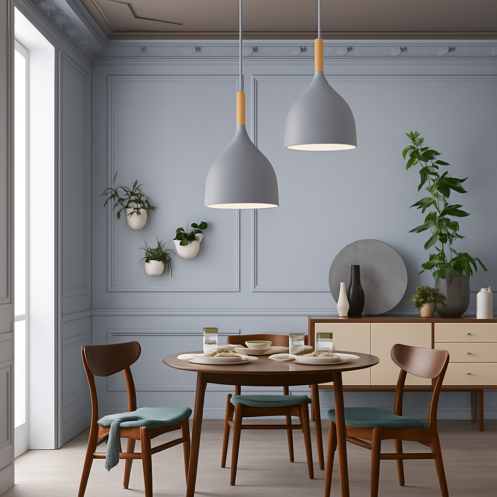 Suspension LED en métal coloré et baton en bois Nordic