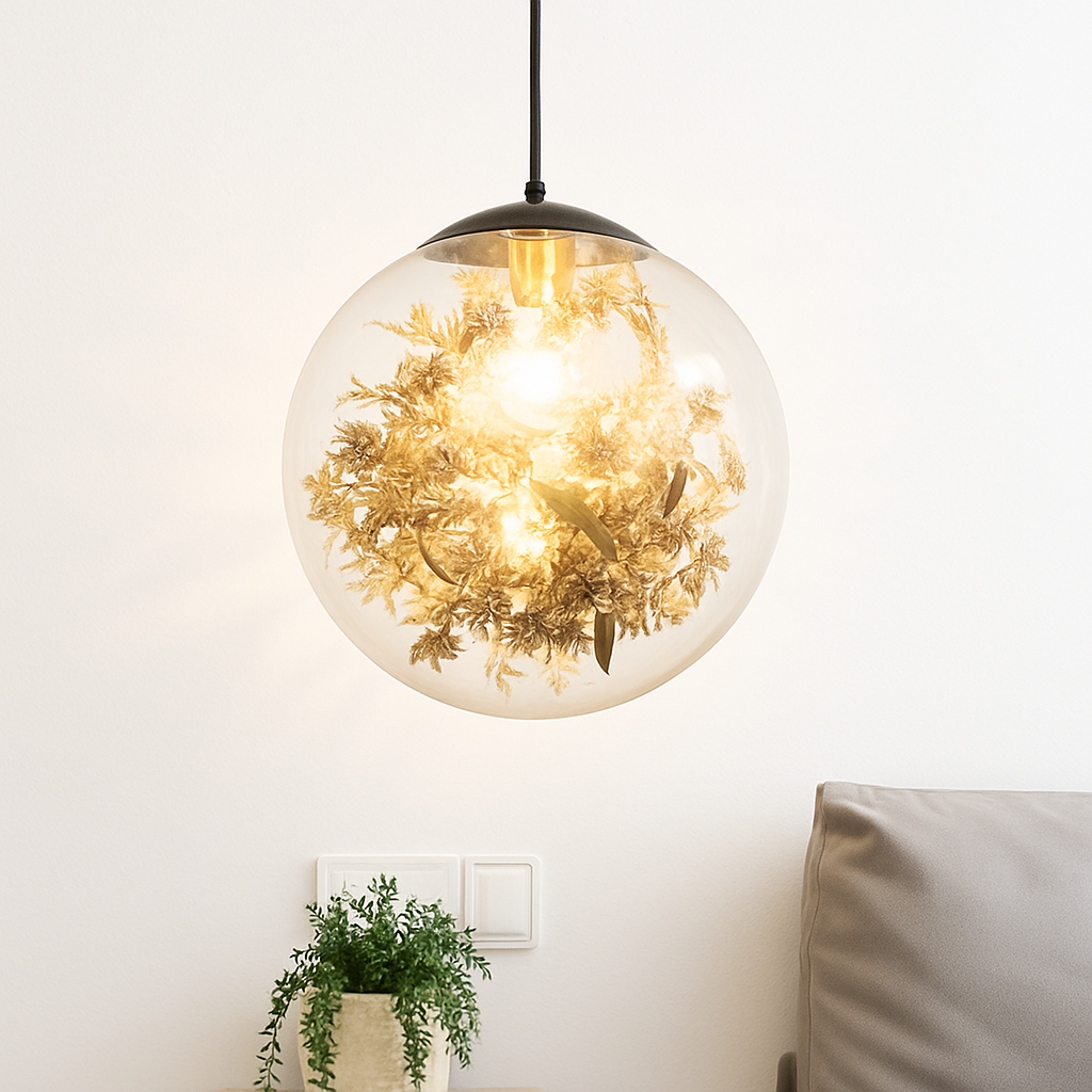 Suspension LED en verre avec fleurs dorée Kevin Reilly