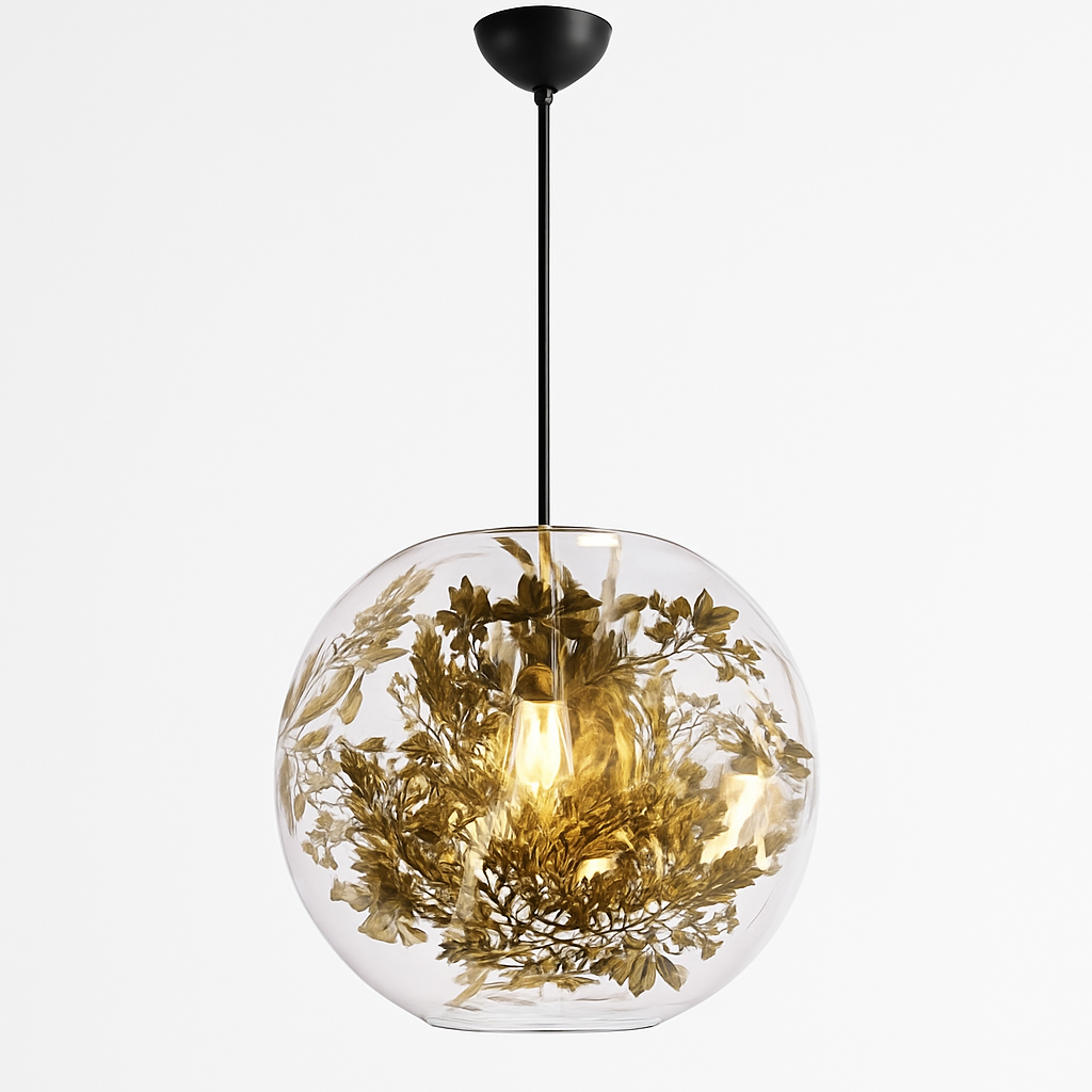 Suspension LED en verre avec fleurs dorée Kevin Reilly