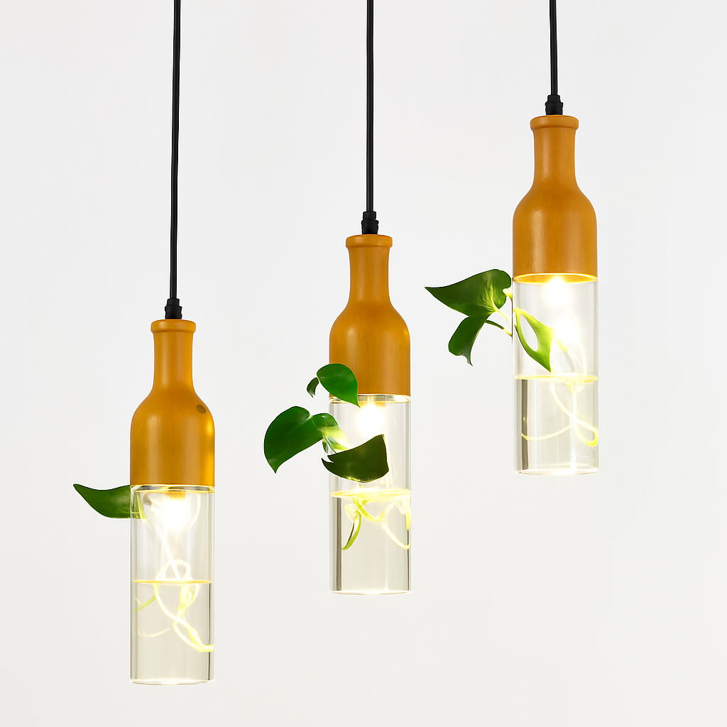 suspension led industrielle en bois et verre pour plantes