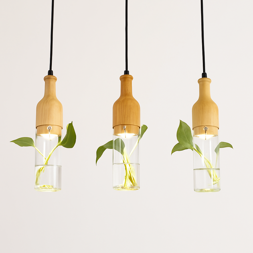 suspension led industrielle en bois et verre pour plantes