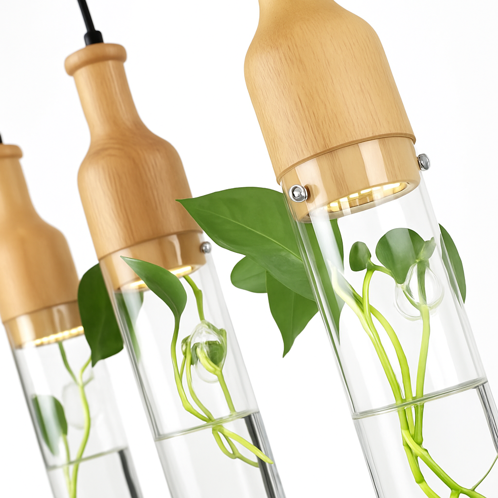 suspension led industrielle en bois et verre pour plantes