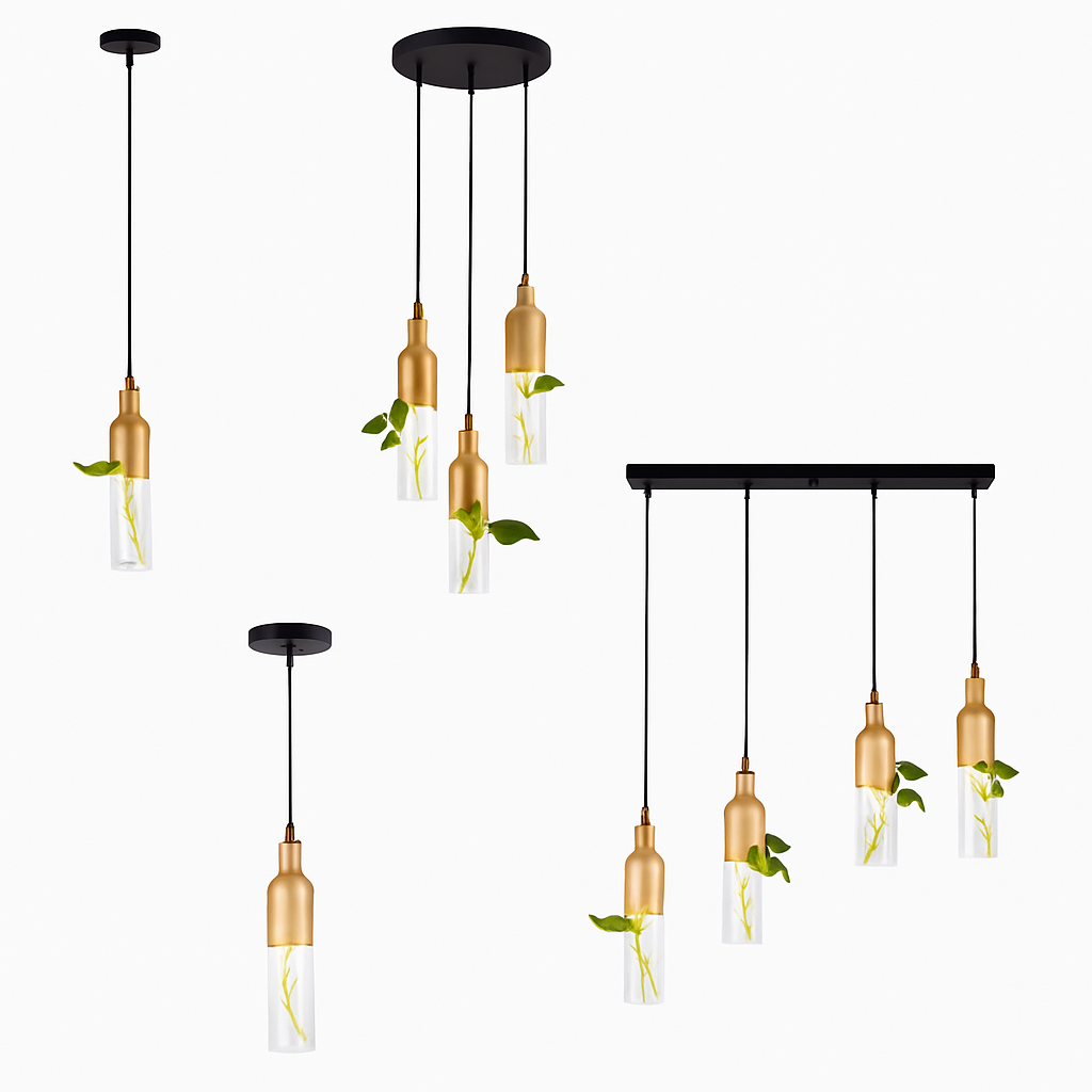suspension led industrielle en bois et verre pour plantes
