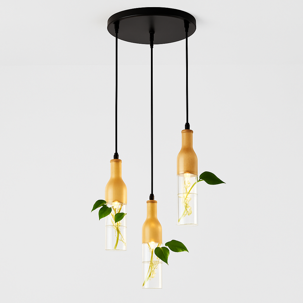 suspension led industrielle en bois et verre pour plantes