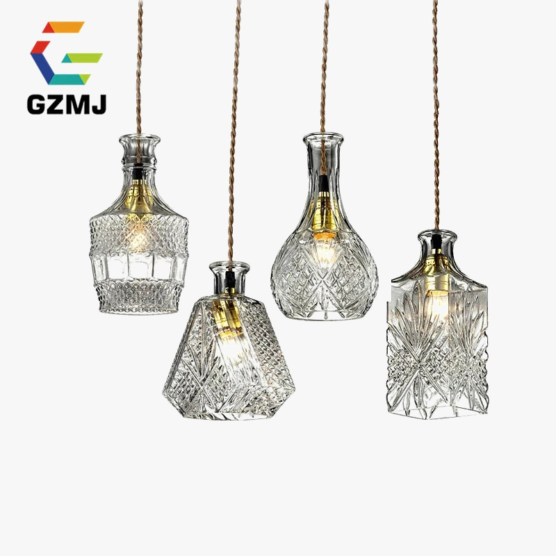 suspension led rétro vintage avec abat-jour en verre sculpté