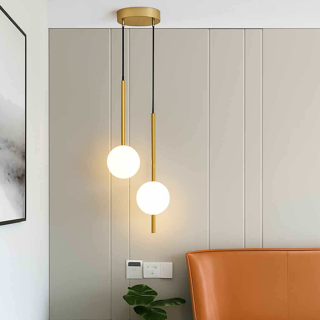 Suspension LED tube doré et boule