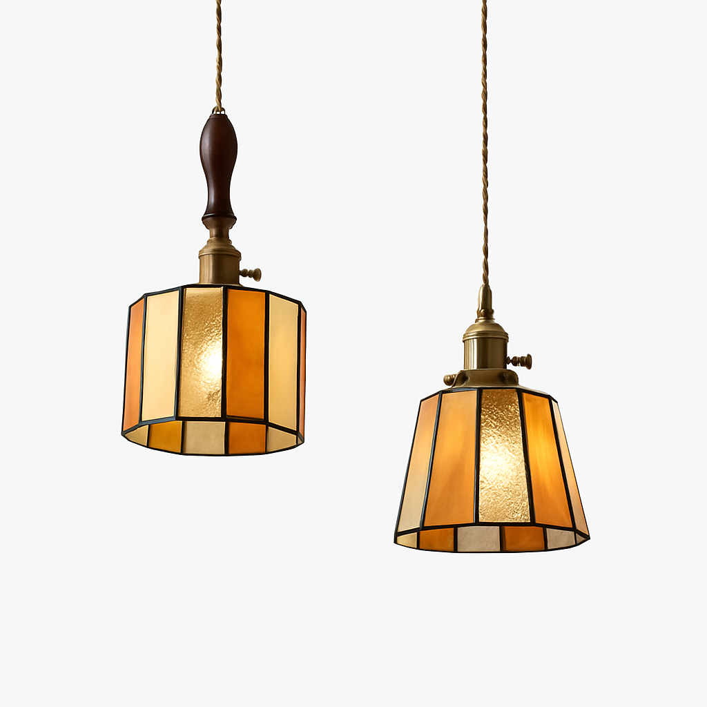 Suspension led vintage style japonais douille cuivre abat-jour verre