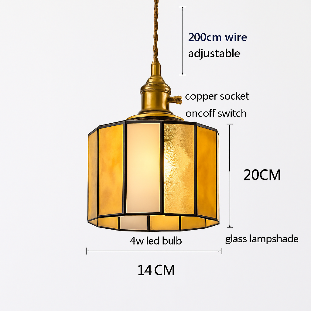 Suspension led vintage style japonais douille cuivre abat-jour verre