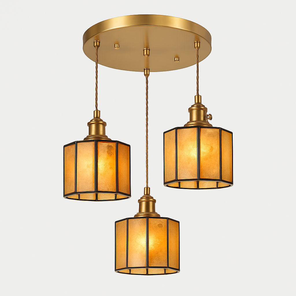 Suspension led vintage style japonais douille cuivre abat-jour verre