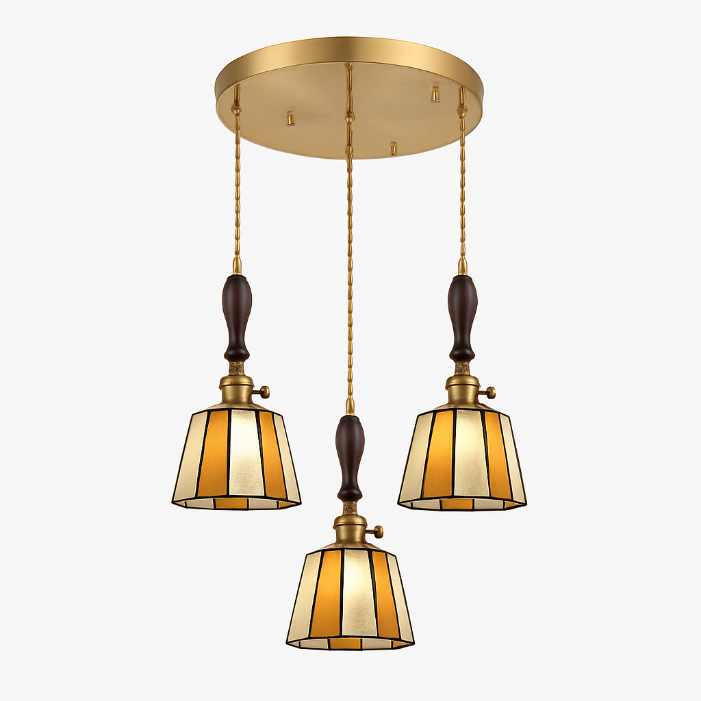 Suspension led vintage style japonais douille cuivre abat-jour verre