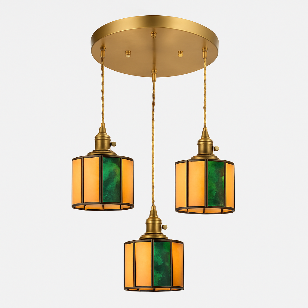 Suspension led vintage style japonais douille cuivre abat-jour verre