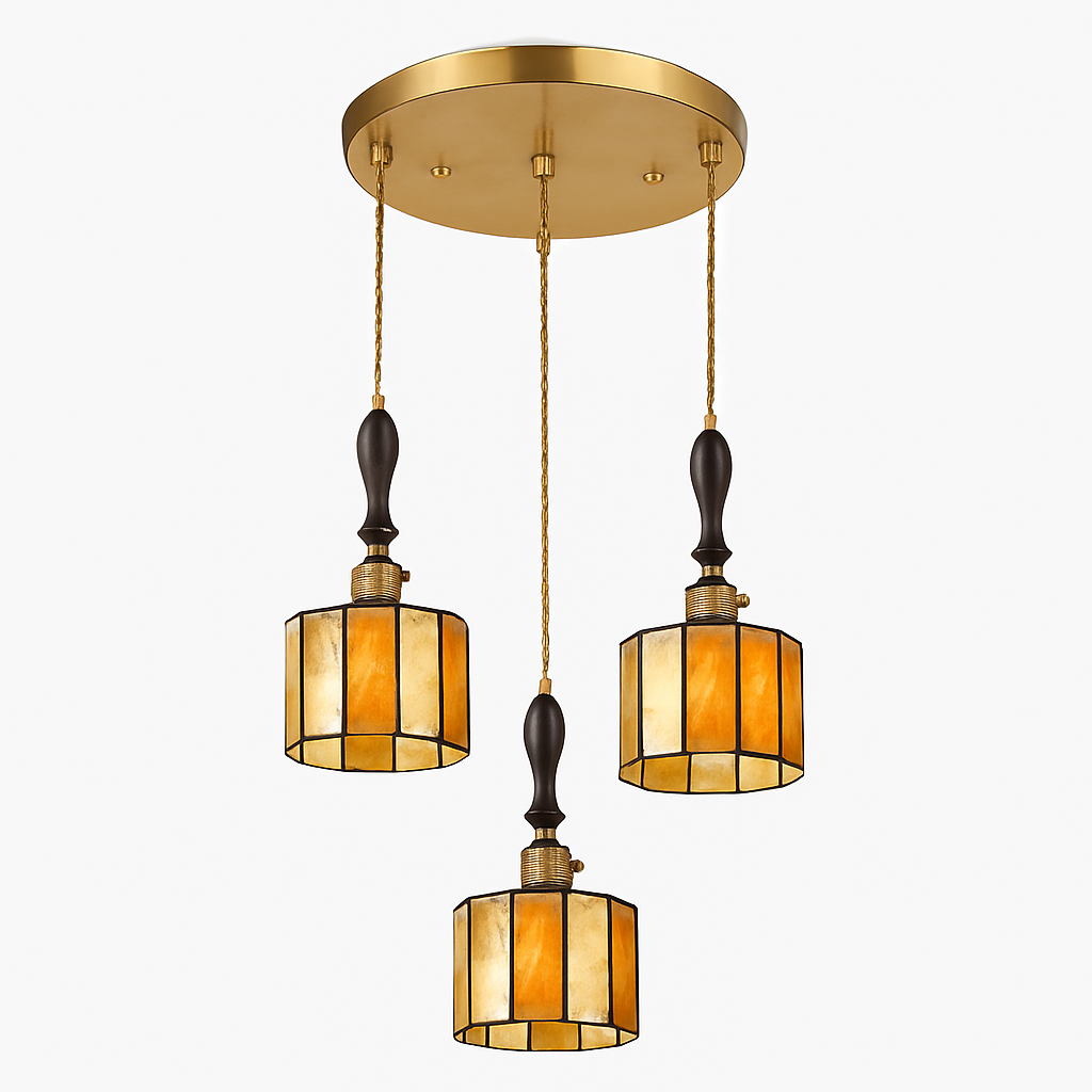Suspension led vintage style japonais douille cuivre abat-jour verre