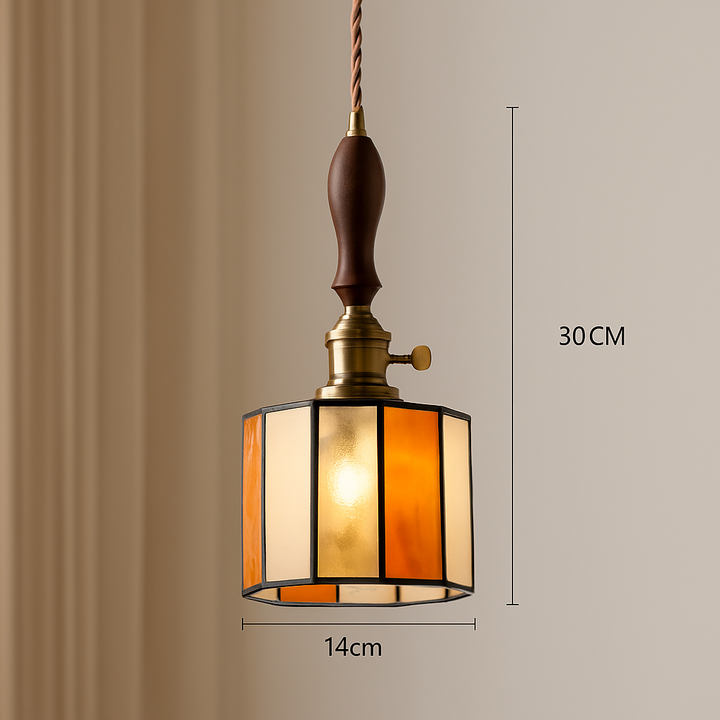 Suspension led vintage style japonais douille cuivre abat-jour verre