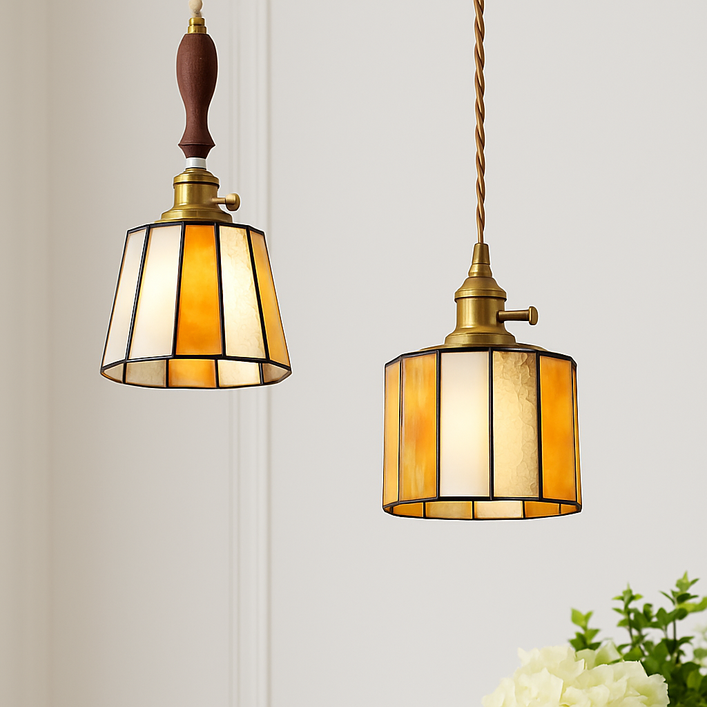 Suspension led vintage style japonais douille cuivre abat-jour verre