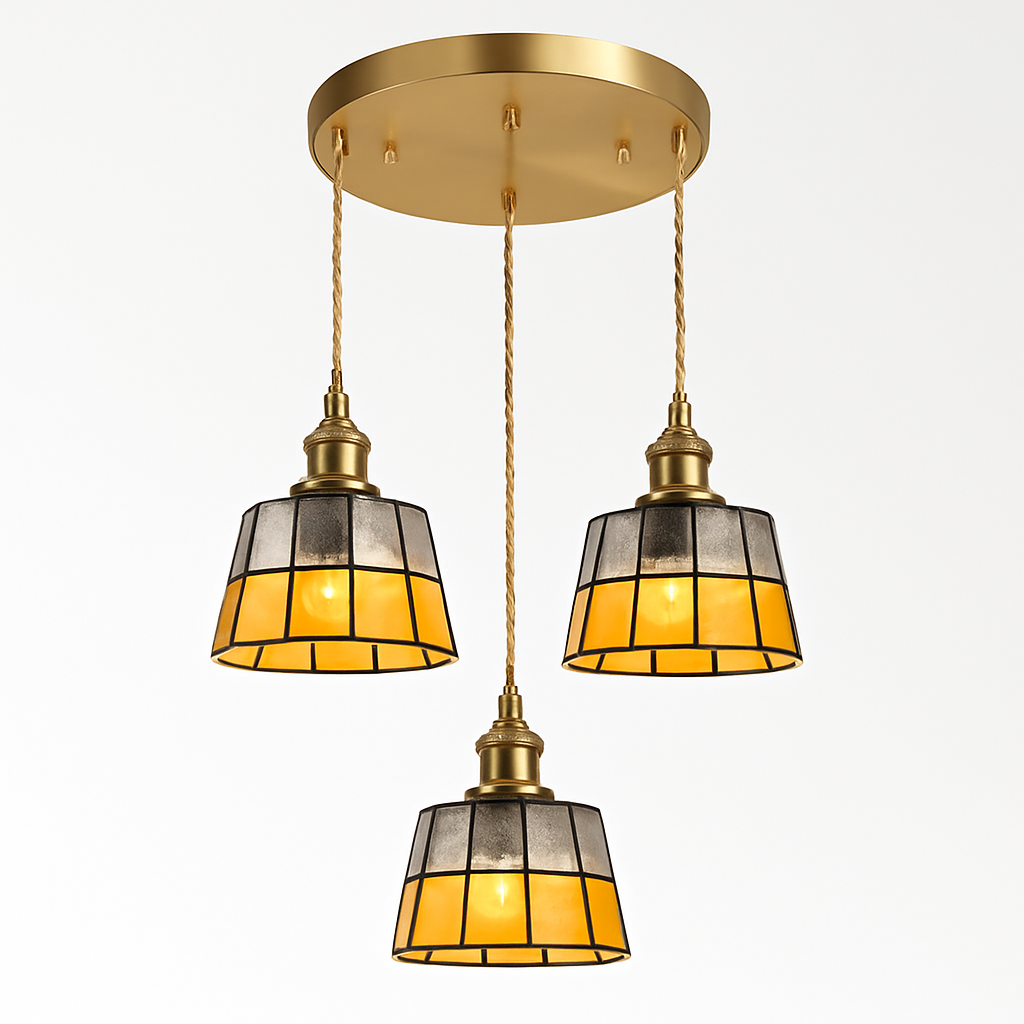 Suspension led vintage style japonais douille cuivre abat-jour verre