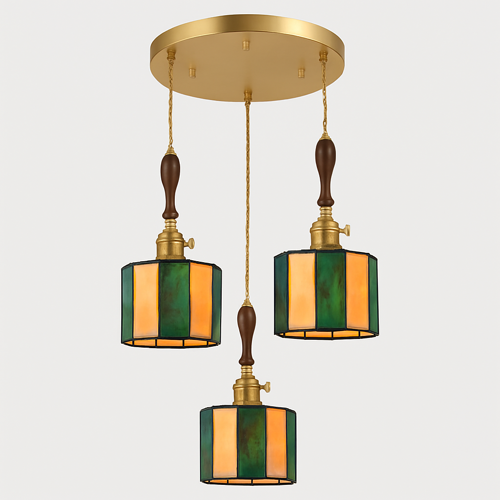 Suspension led vintage style japonais douille cuivre abat-jour verre