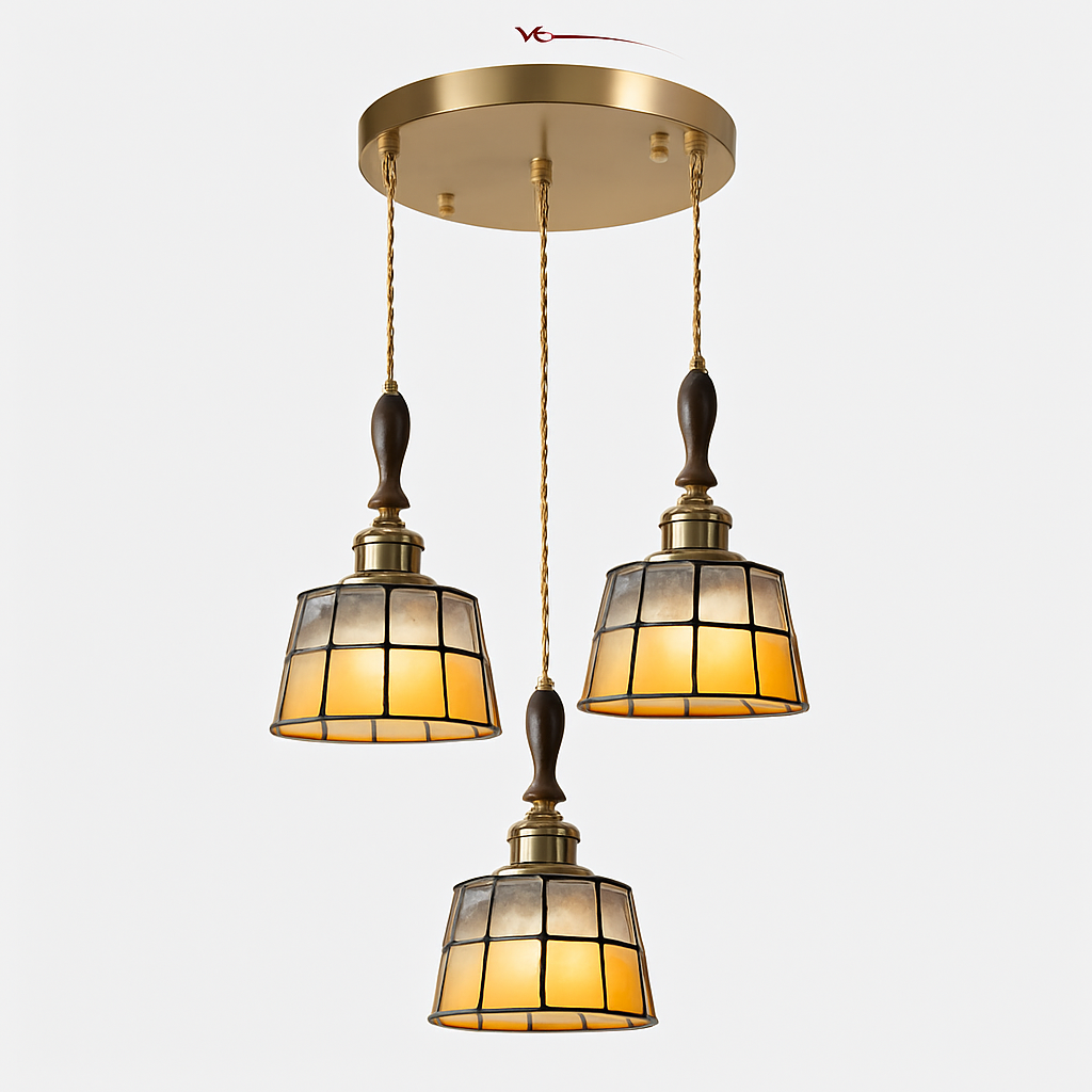 Suspension led vintage style japonais douille cuivre abat-jour verre