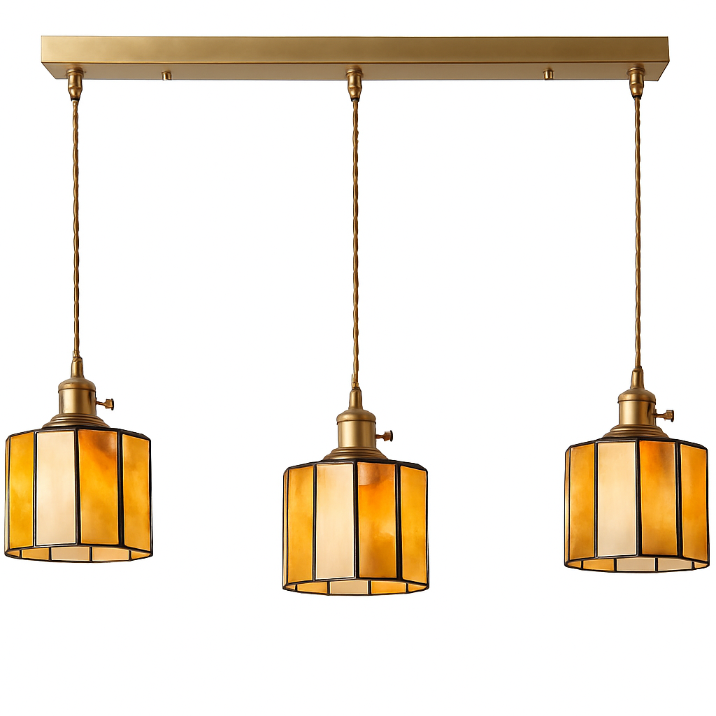 Suspension led vintage style japonais douille cuivre abat-jour verre