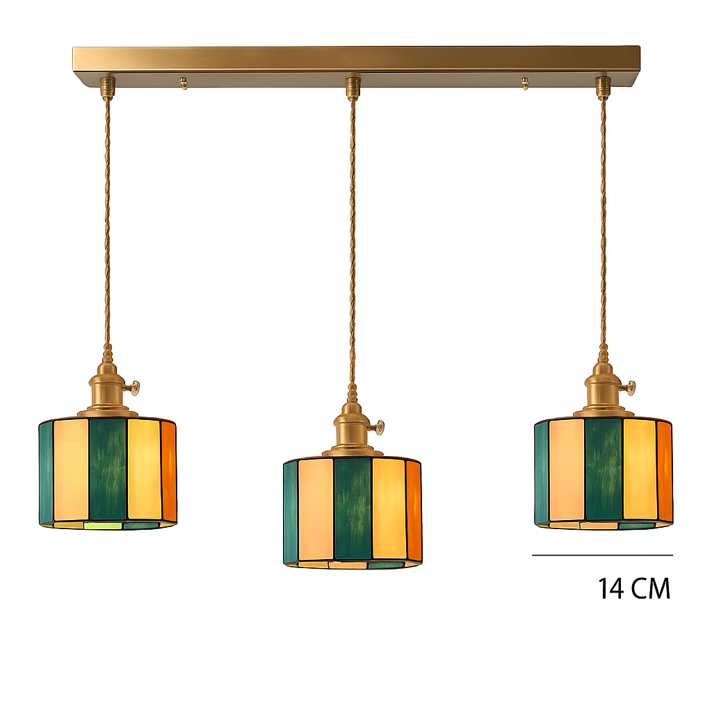 Suspension led vintage style japonais douille cuivre abat-jour verre