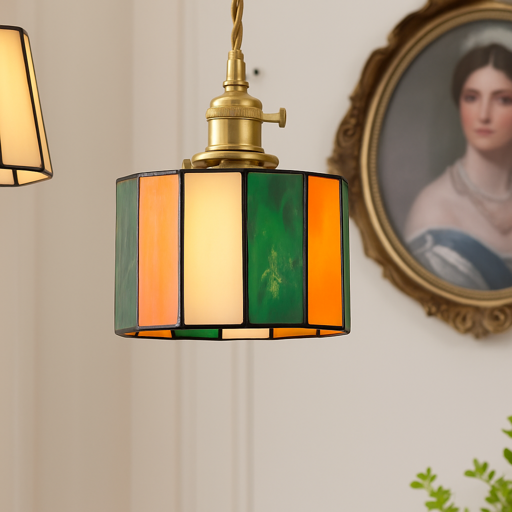 Suspension led vintage style japonais douille cuivre abat-jour verre