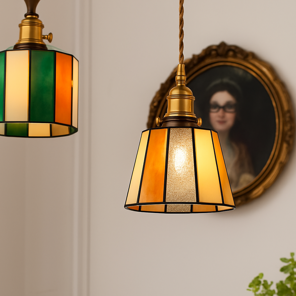 Suspension led vintage style japonais douille cuivre abat-jour verre