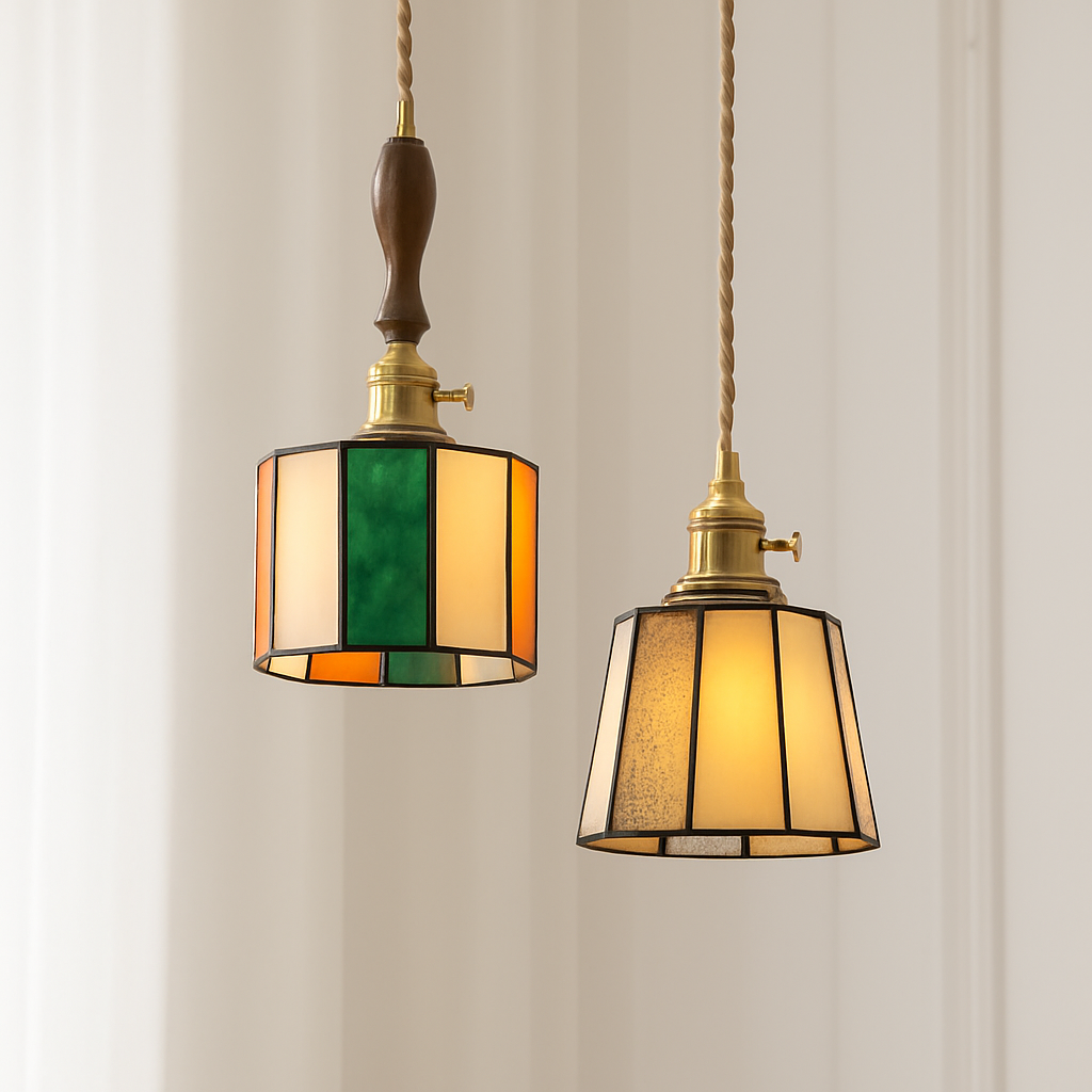 Suspension led vintage style japonais douille cuivre abat-jour verre