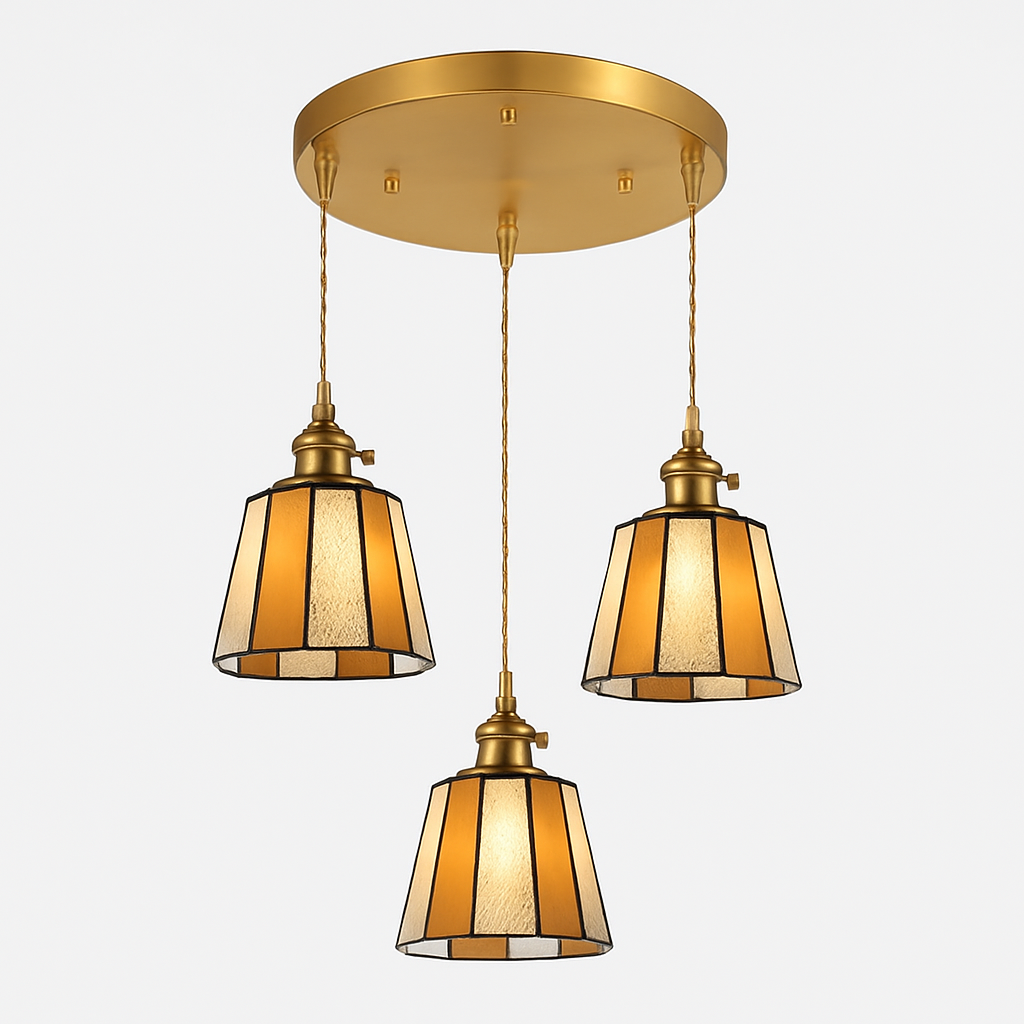 Suspension led vintage style japonais douille cuivre abat-jour verre