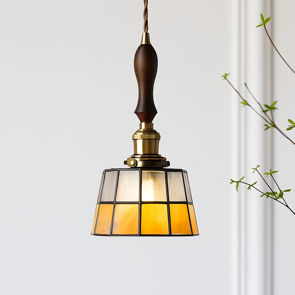 Suspension led vintage style japonais douille cuivre abat-jour verre