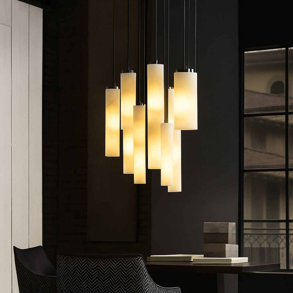 Suspension lustre design avec fil réglable et marbre naturel